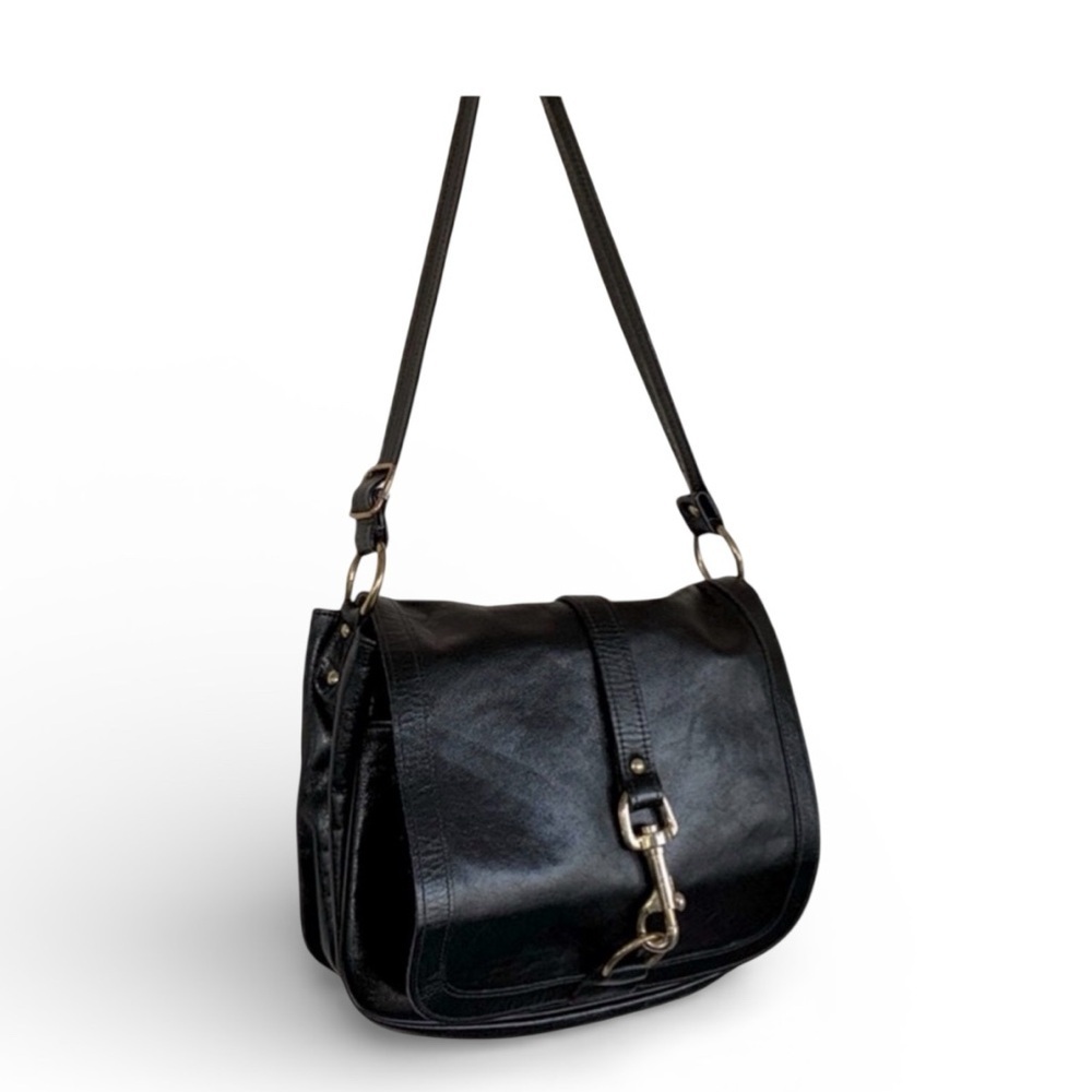 Black leather bag, messenger, pockets, 2 sections, gold hardware VTG